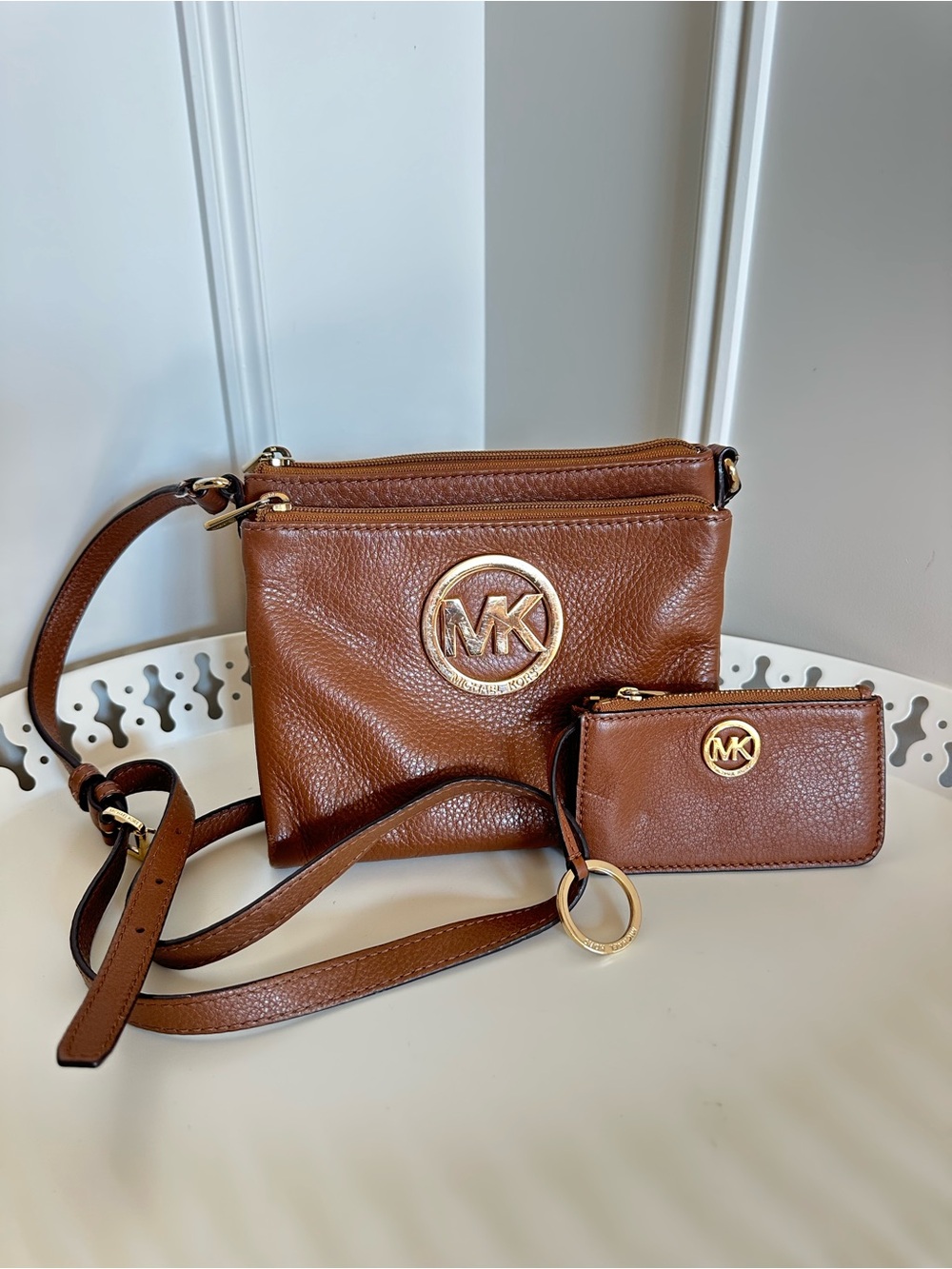 Michael Kors Brown Pebbled Leather Crossbody with Mini Coin Case